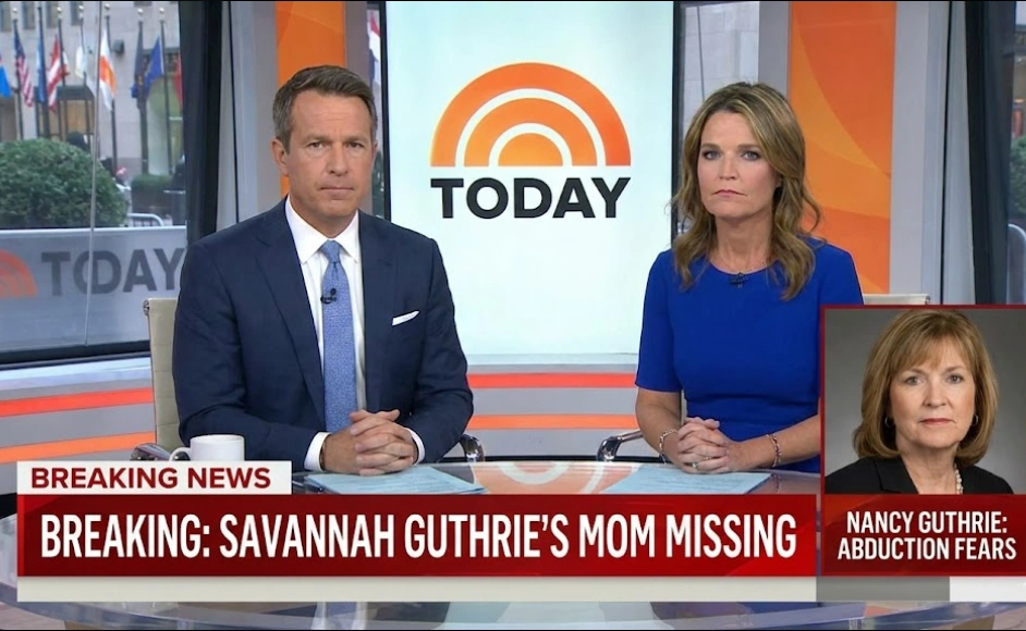 The "Today" show reports on the breaking news of Savannah Guthrie's mother being missing, with co-anchors delivering the somber update to viewers.