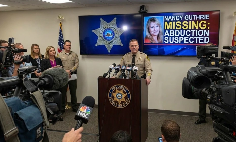Pima County Sheriff Chris Nanos addresses the media during a press conference, announcing that abduction is suspected in the disappearance of Nancy Guthrie.