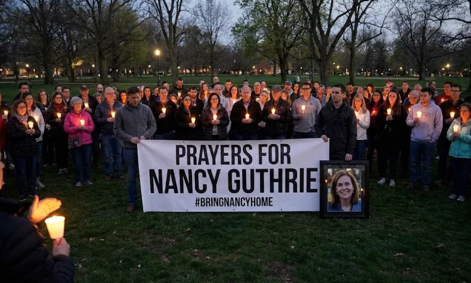 Community members gather for a candlelight vigil to pray for the safe return of Nancy Guthrie, demonstrating the outpouring of support for the Guthrie family.