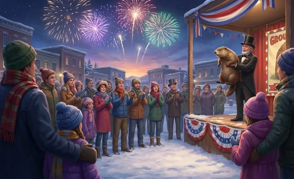 The Inner Circle lifts Punxsutawney Phil high at Gobbler's Knob, announcing the prediction to the cheering crowd.