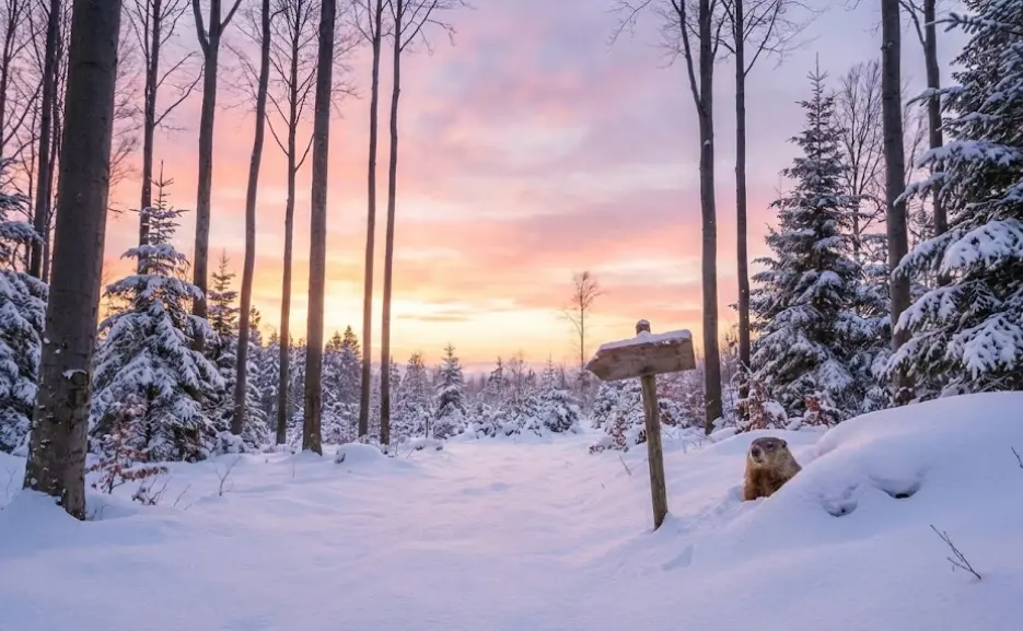 A serene winter forest scene, capturing the beauty of the season that Phil predicts will soon come to an end.