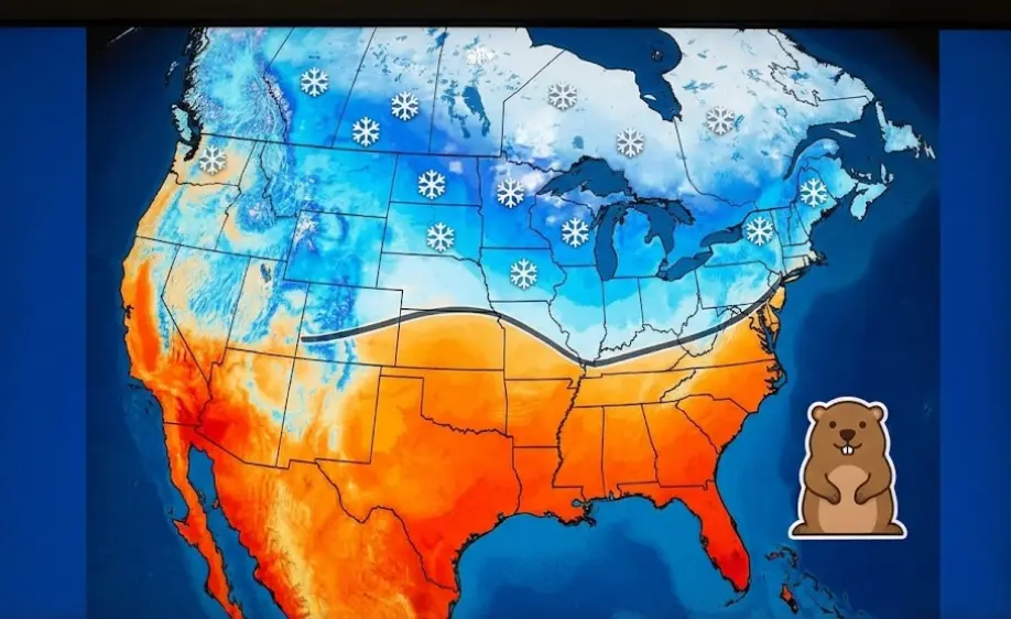 A weather map visualization illustrating the "Early Spring" verdict, showing warmer trends for the southern US while winter holds on in the north.