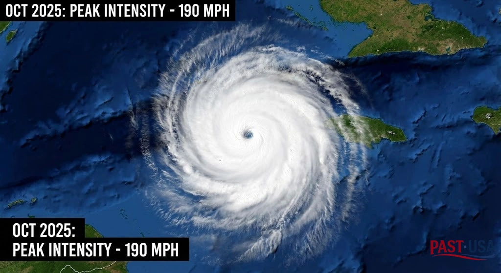 A satellite view of Hurricane Melissa at its terrifying peak, a perfect Category 5 storm just off the coast of Jamaica.