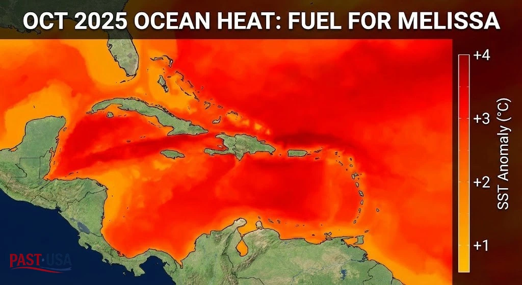A heat map of the Caribbean Sea in October 2025, showing the unusually warm water that fueled Hurricane Melissa's historic intensity.