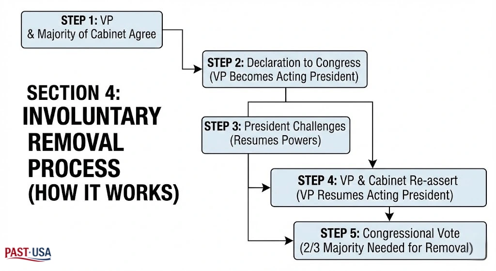 The complex, multi-step process of invoking Section 4 of the 25th Amendment, from the initial Cabinet agreement to the final congressional vote.