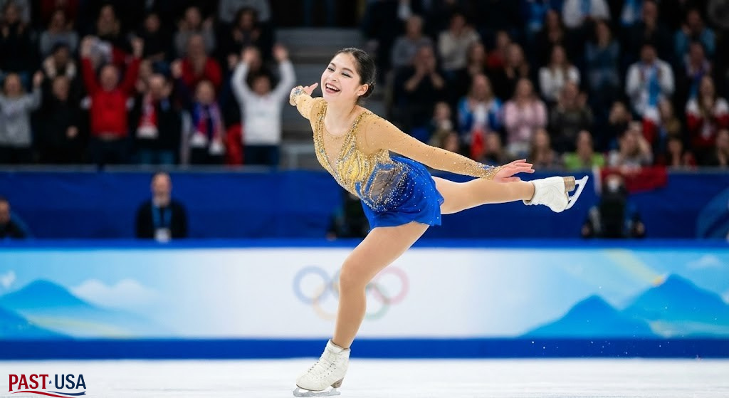 Alysa Liu glides across the ice in her sparkling gold and blue costume during her flawless, gold-medal-winning free skate performance.