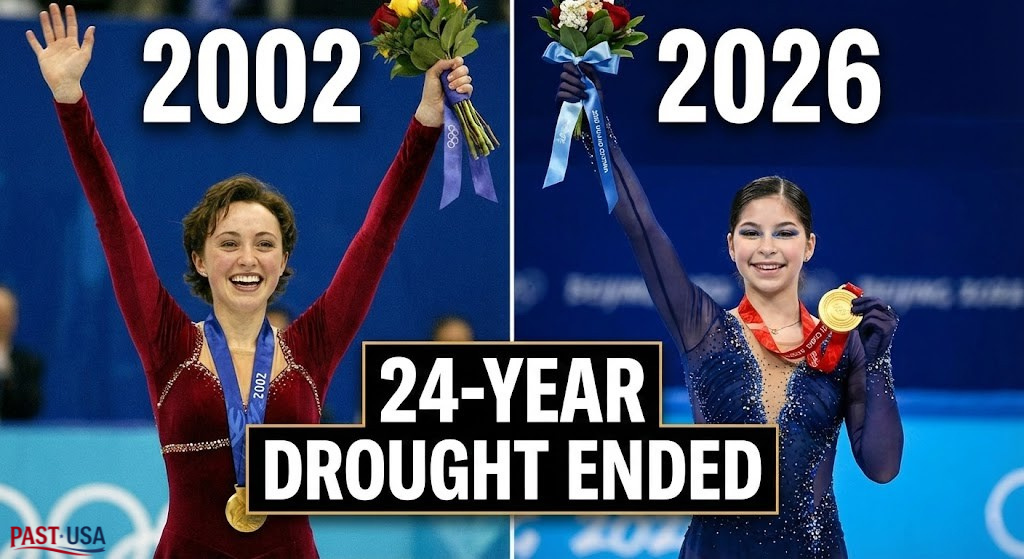 A visual representation of the 24-year gold medal drought for American women, showing Sarah Hughes in 2002 and Alysa Liu in 2026, both as Olympic champions.
