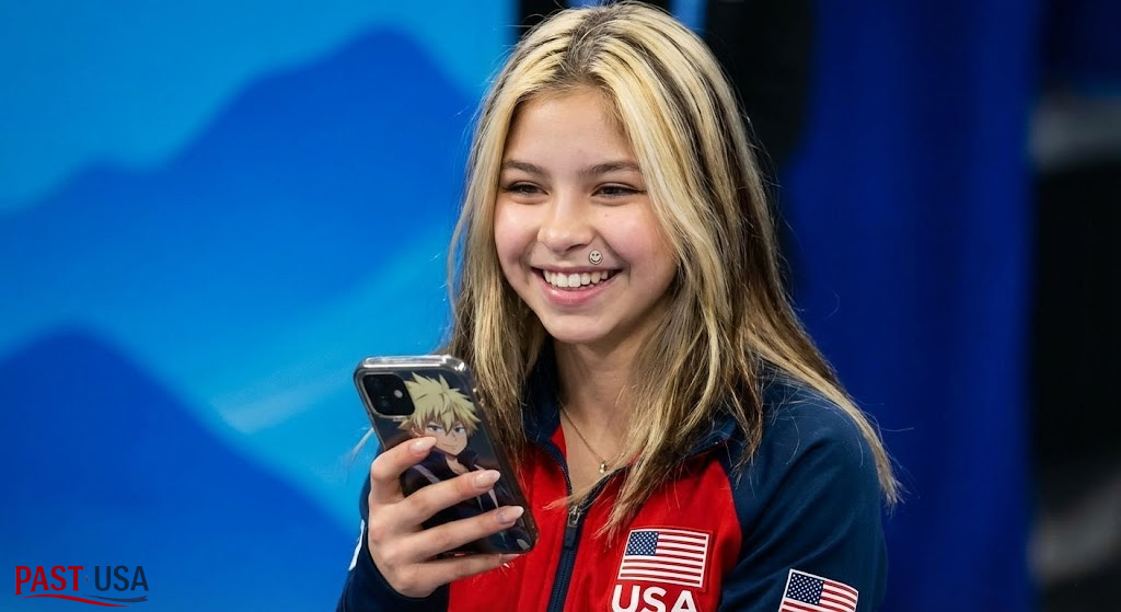 Alysa Liu, with her unique "tree ring" hair and smiley piercing, is shown off-ice, happily checking her phone which features an anime character, highlighting her relatable Gen-Z persona.