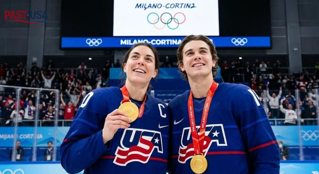 A truly historic moment: Both Team USA hockey teams celebrating their rare dual gold medals in Milano-Cortina.