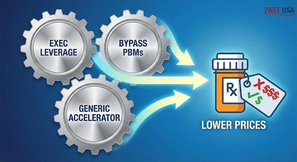 The TrumpRx strategy for lowering drug prices relies on a three-pronged approach: leveraging executive power, eliminating supply chain middlemen, and accelerating the approval of generic alternatives.