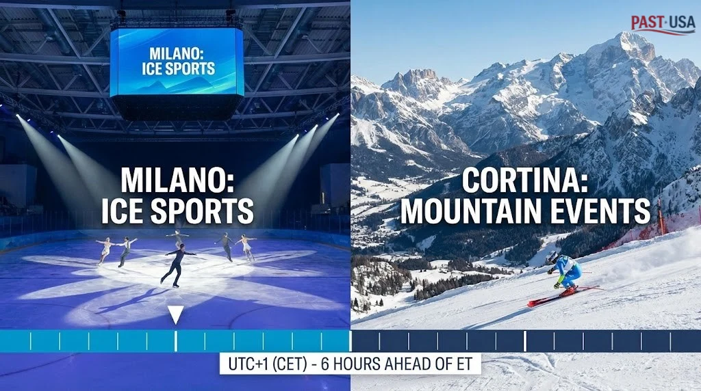 The 2026 Games are split between the ice arenas of Milan and the slopes of Cortina, with a 6-hour time difference for US viewers.