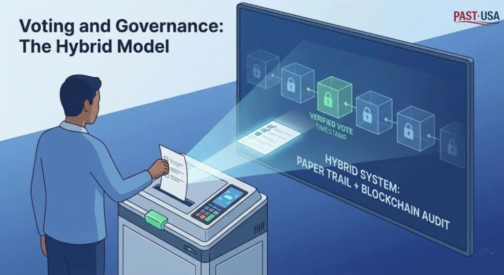 A hybrid voting system combining physical paper ballots with a transparent, immutable blockchain audit trail is emerging as a leading solution for election integrity.