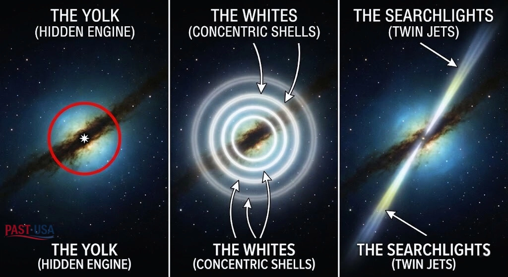 A diagrammatic breakdown of the Egg Nebula's key visual features: the hidden central star ("The Yolk"), the concentric gas shells ("The Whites"), and the twin polar jets of light ("The Searchlights").