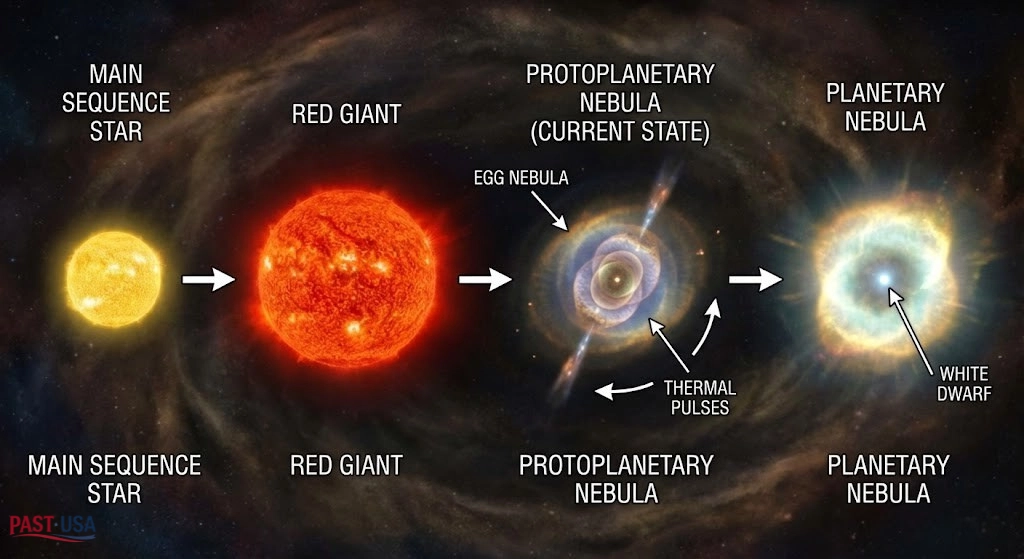 A cosmic timeline illustrating the life cycle of a star like the one in the Egg Nebula, from a Main Sequence star to a Red Giant, then to its current Protoplanetary Nebula phase, and finally to a Planetary Nebula with a White Dwarf at its center.