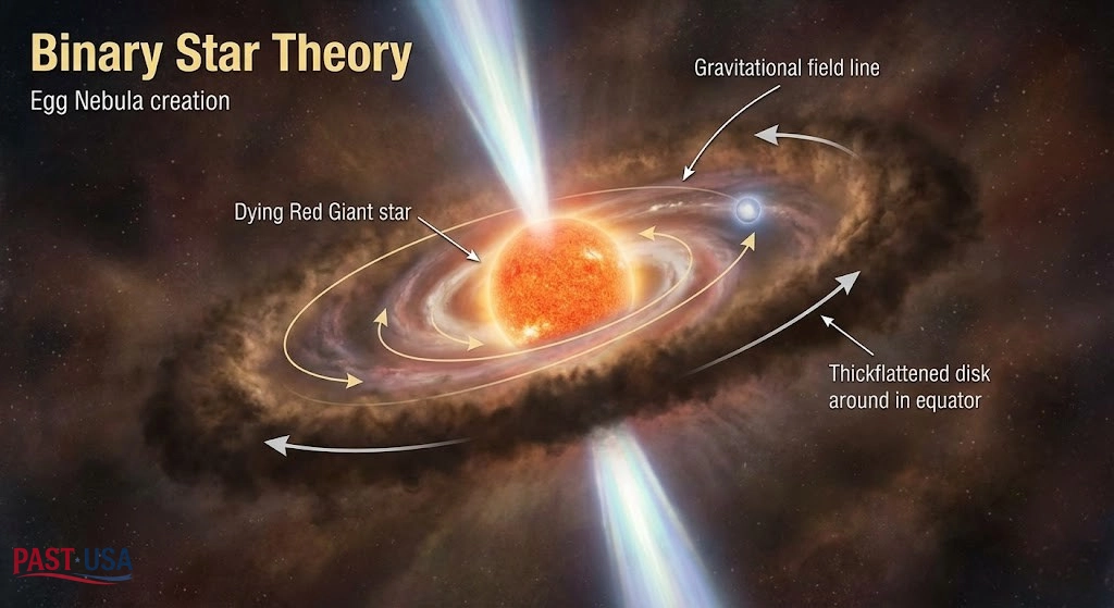 An illustration explaining the leading "Binary Star Theory" for the creation of the Egg Nebula's complex structure, showing a dying Red Giant and a smaller companion star interacting to shape the gas and dust.