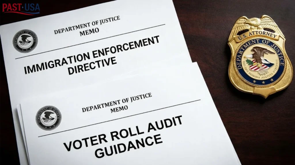Official DOJ memos and a U.S. Attorney's badge symbolize Bondi's aggressive new policies on immigration enforcement and voter roll audits.