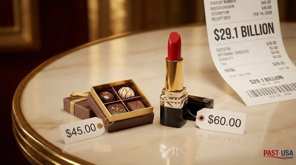 Despite high inflation, the "Lipstick Effect" drove record Valentines Day spending on small luxuries like premium chocolates and designer cosmetics.