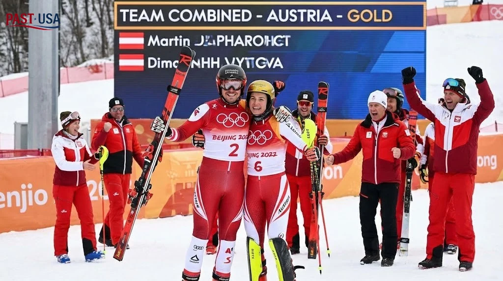Team Austria celebrates their gold medal in the newly introduced Team Combined event, a format that has injected new excitement into the Games.