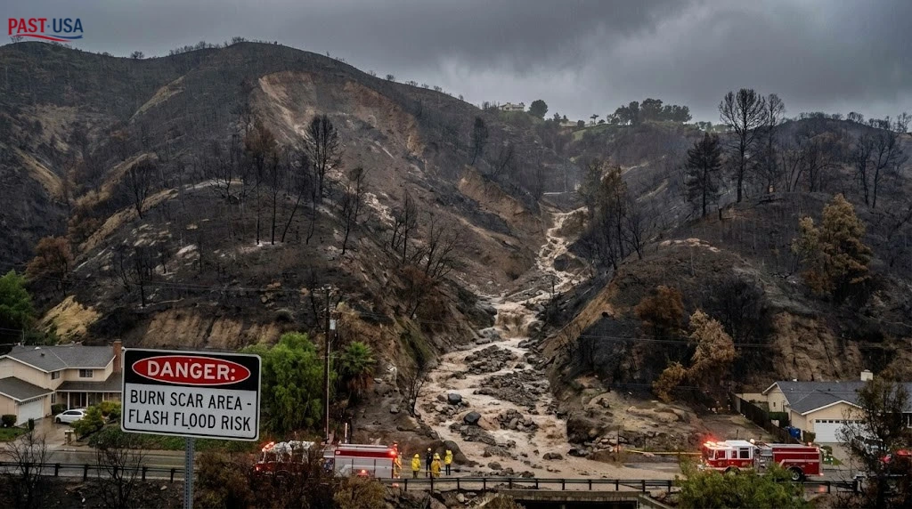 A stark warning sign stands in the foreground of a wildfire burn scar, where a debris flow of mud and rocks has already begun to cascade down the charred hillside, threatening homes below. Emergency personnel are on the scene.