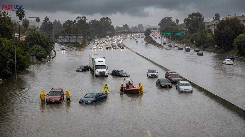 A major Los Angeles freeway is transformed into a river, with vehicles submerged and abandoned in the deep water. Emergency rescue teams in yellow gear and a boat are assisting stranded motorists amidst the heavy rainfall.