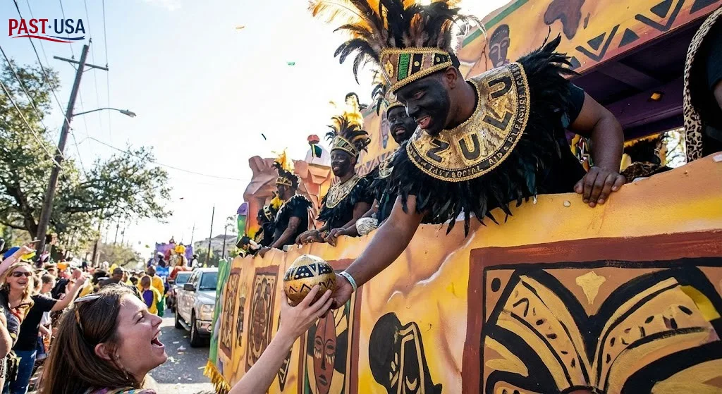 A member of the Krewe of Zulu hands a prized "Golden Nugget" coconut to an ecstatic parade-goer, a moment that embodies the joy and competition for the season's most coveted throw.