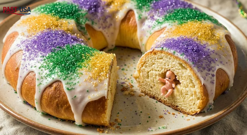 A close-up of a traditional King Cake reveals the tiny plastic baby hidden within a slice, a symbol of luck and the obligation to host the next party.