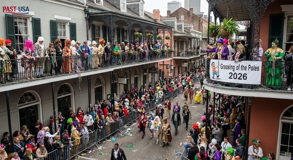 A crowded Bourbon Street balcony, complete with a banner for the annual "Greasing of the Poles" ceremony, overlooks the chaotic beauty of the French Quarter where costumed revelers become the spectacle.