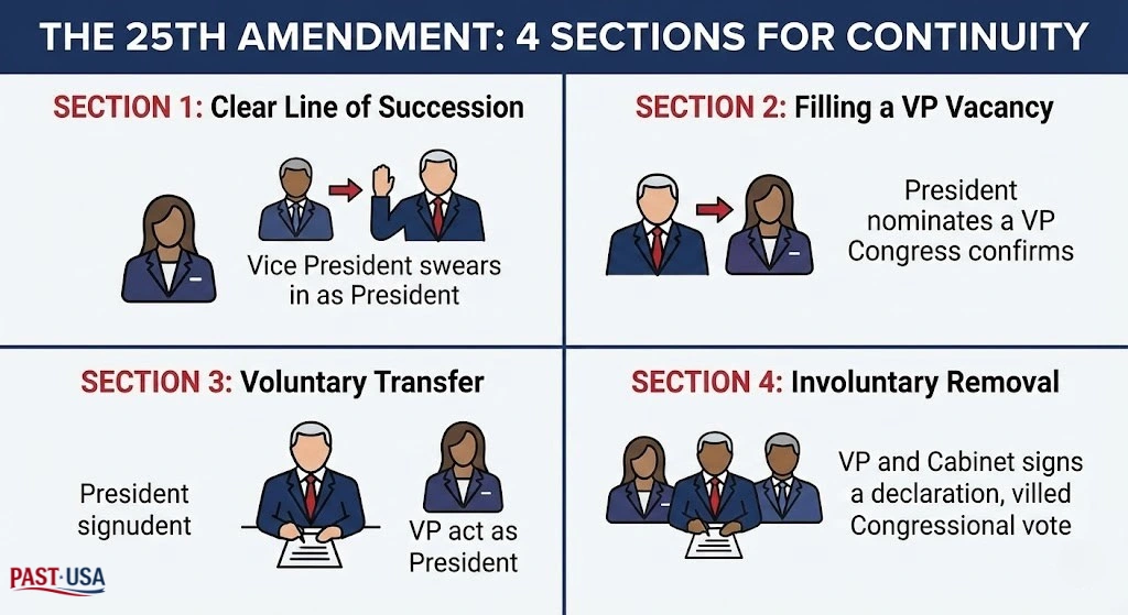 This infographic breaks down the four sections of the 25th Amendment, from the clear line of succession in Section 1 to the involuntary removal process of Section 4.