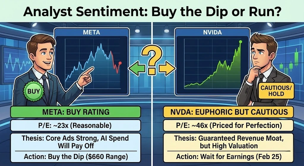 Analysts are generally bullish on Meta, seeing the dip as a buying opportunity, while remaining cautious about Nvidia's high valuation despite its strong position.