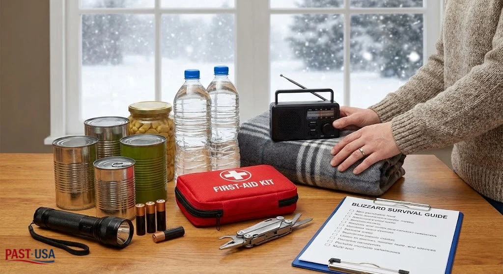 A person is shown meticulously assembling a blizzard survival kit.