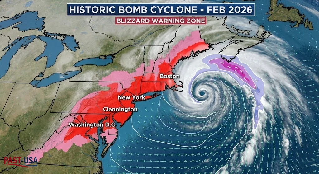 The red and pink zones highlight the densely populated I-95 corridor, from Washington D.C. to Boston, currently under a "Blizzard Warning."
