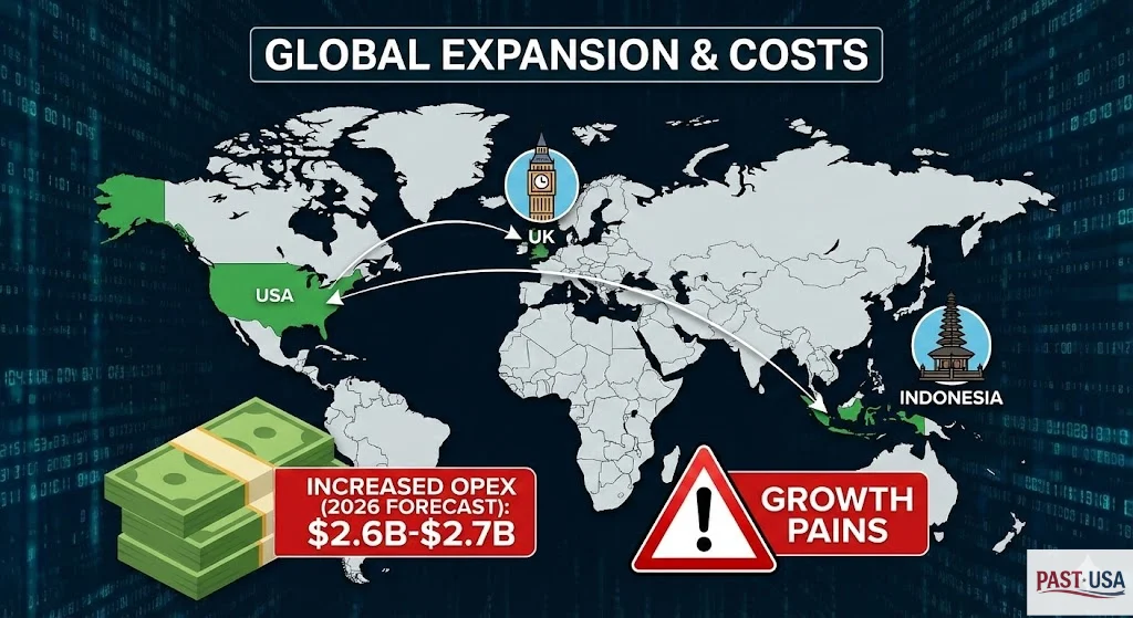 Aggressive expansion into the UK and Indonesia is fuelling growth but also contributing to a higher operating expense forecast of $2.6–$2.7 billion for 2026.