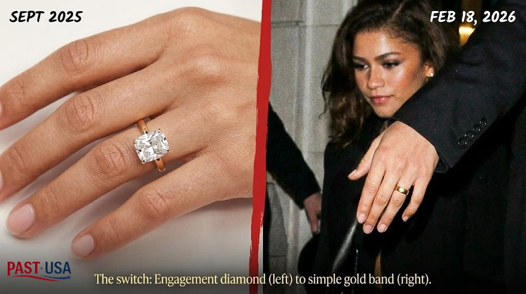The switch: Engagement diamond (left) to simple gold band (right).