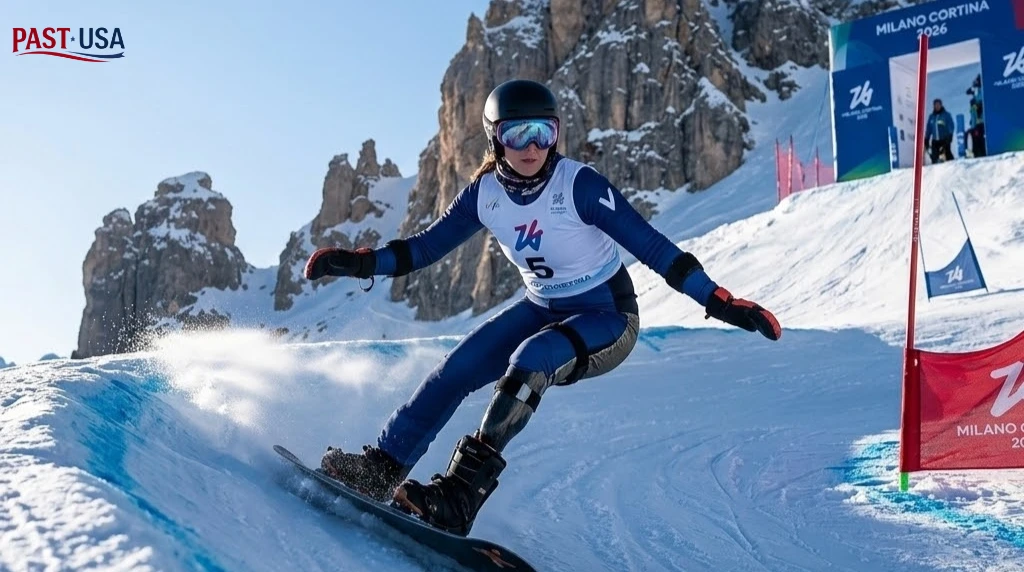 A focused female Para Snowboarder, with her prosthetic leg subtly visible, competes on a banked slalom course in Cortina.
