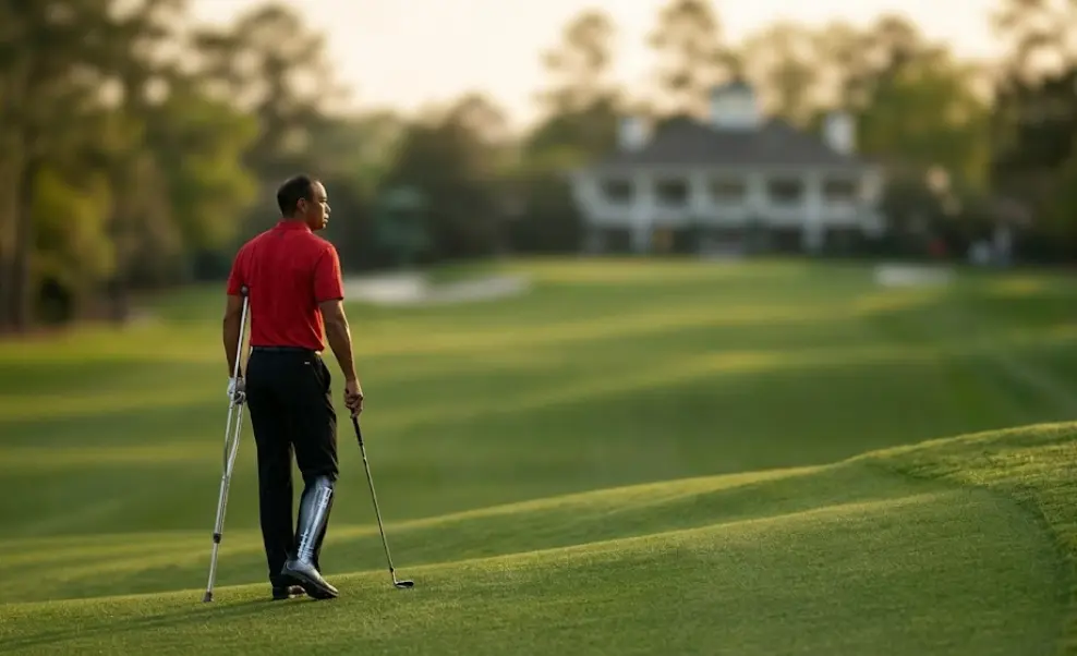 Resolute in signature Sunday colors, supporting his right leg on a crutch while holding a club on undulating hallowed grounds.