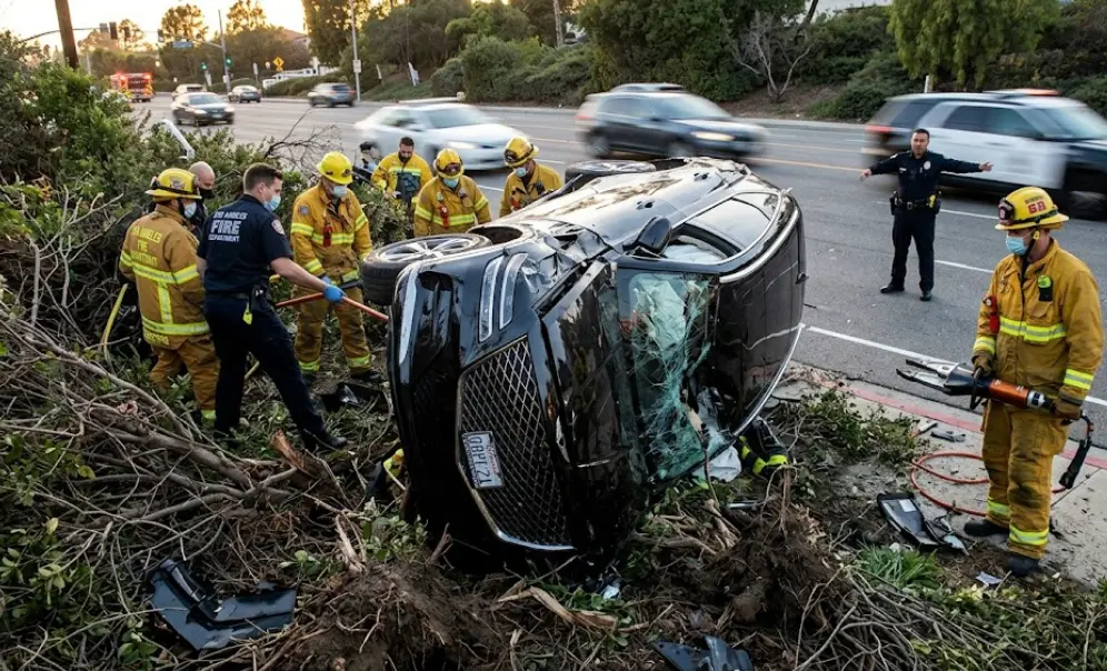 Wide view of the wrecked GV80 off Hawthorne Boulevard, first responders already working the scene.