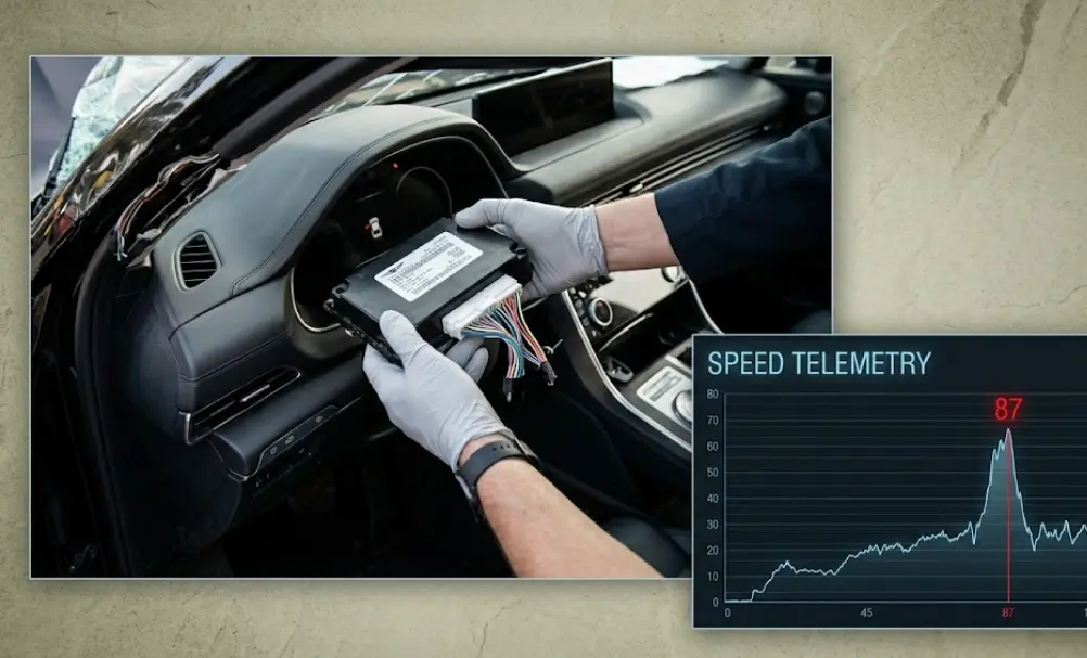 Investigating the crash: One side retrieves data recorder, other displays telemetry spiking to 87 mph.