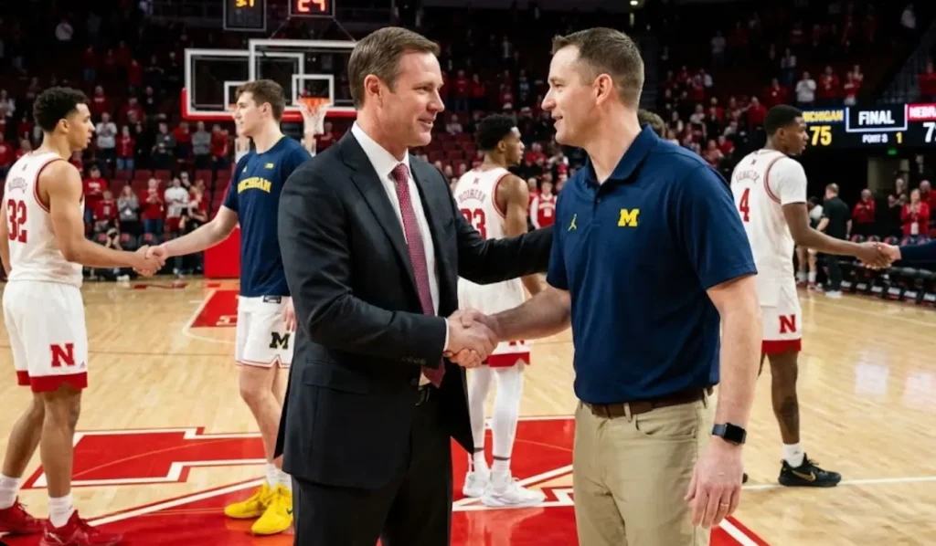 A photo of the post-game handshake between coaches Fred Hoiberg and Dusty May, showcasing the sportsmanship after a hard-fought battle.