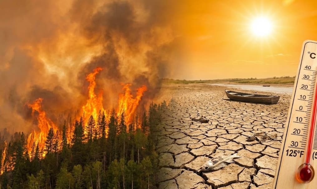A split-panel image illustrating the extreme effects of climate change, a wildfire on one side and a severe drought on the other, as described in the article.