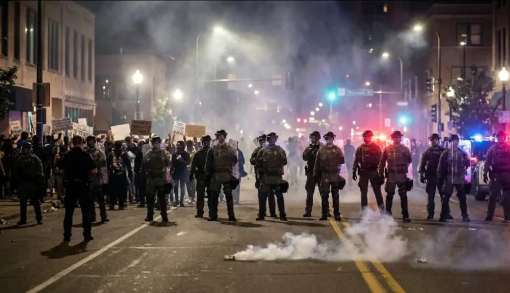 Border Patrol agents on horseback patrol a city park, a high-visibility tactic employed during the "surge" operations.