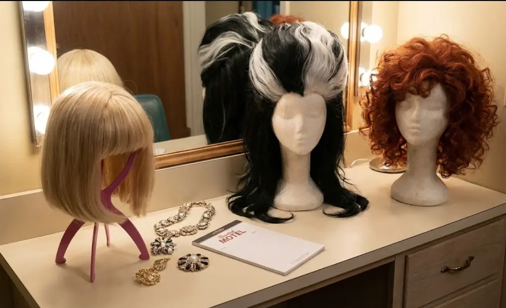 The "bébé" of her collection: A vanity displaying the eccentric wigs of Moira Rose from Schitt's Creek, the role that earned O'Hara an Emmy and cemented her status as a comedy legend in her final years.