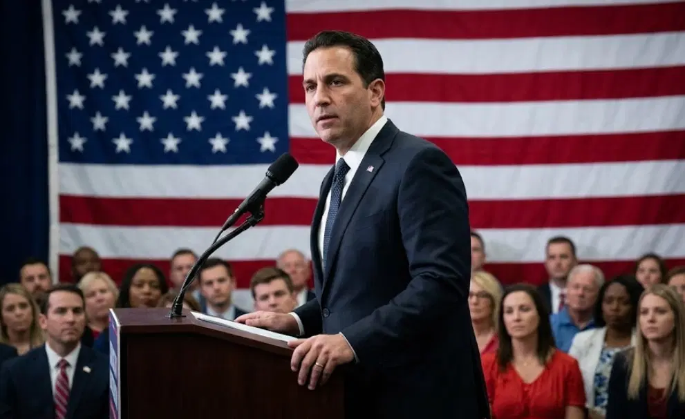 Greg Bovino gives a speech at a podium, fueling speculation about a future career in politics.