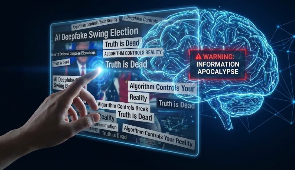 A conceptual image depicting the threat of AI-driven disinformation and its manipulation of human perception through a digital interface.