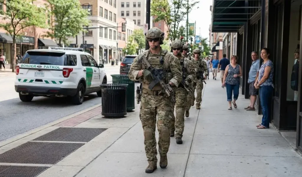 Border Patrol agents on horseback patrol a city park, a high-visibility tactic employed during the "surge" operations.