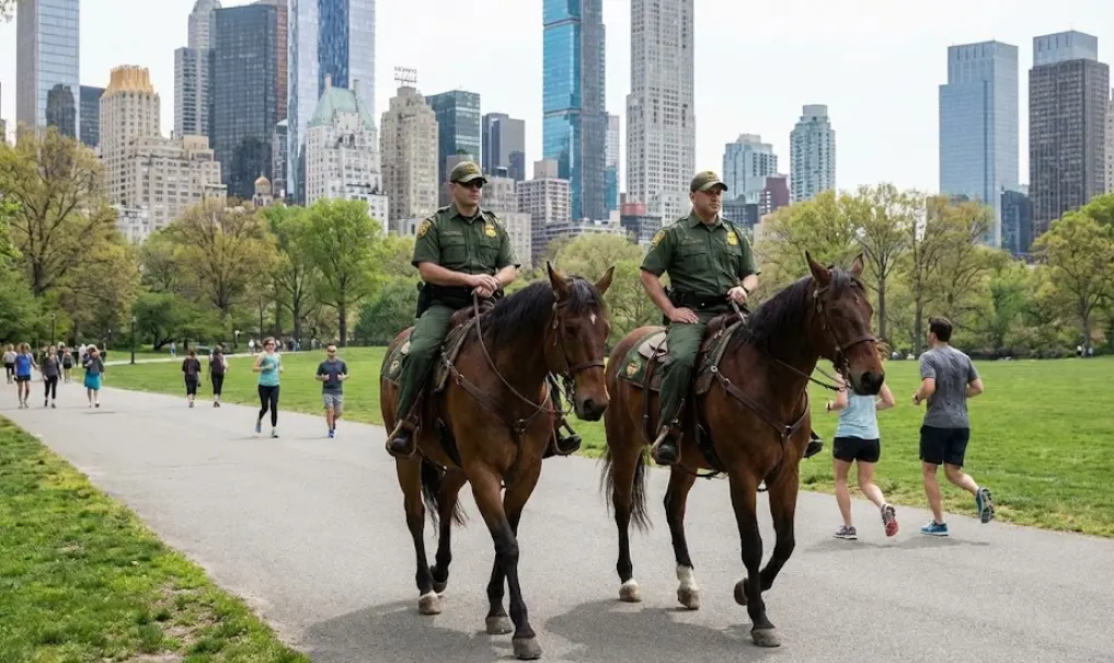 Border Patrol agents on horseback patrol a city park, a high-visibility tactic employed during the "surge" operations.