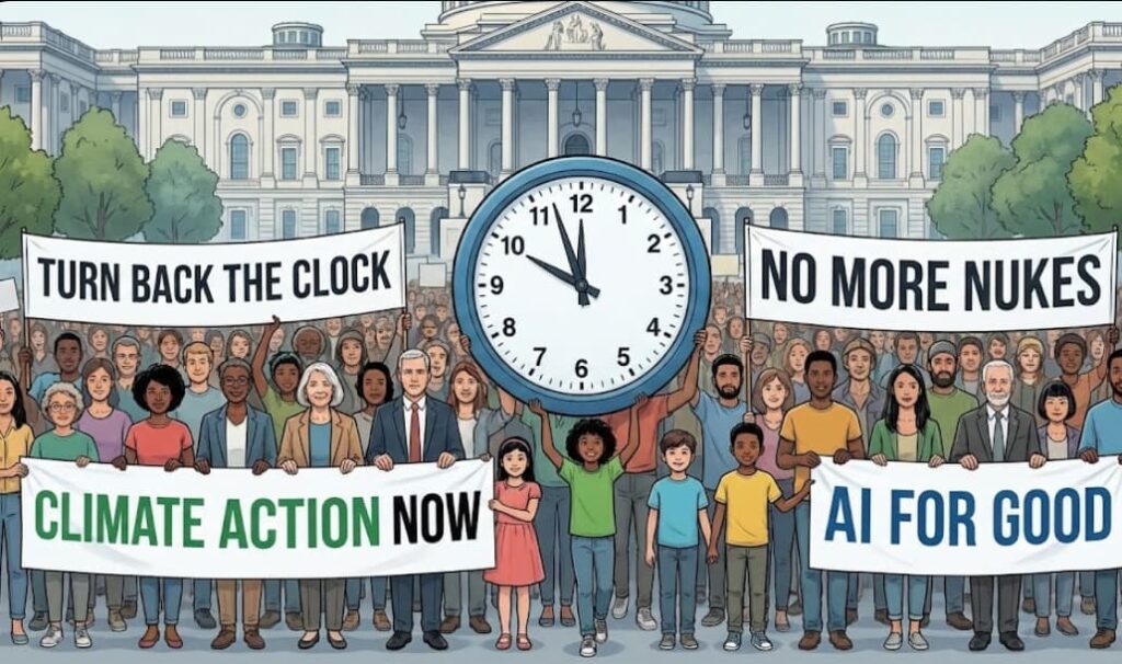 This image illustrates the "hope" section of the article, showing a diverse global protest calling for action on climate, nuclear arms, and AI, with a central theme of "turning back the clock."