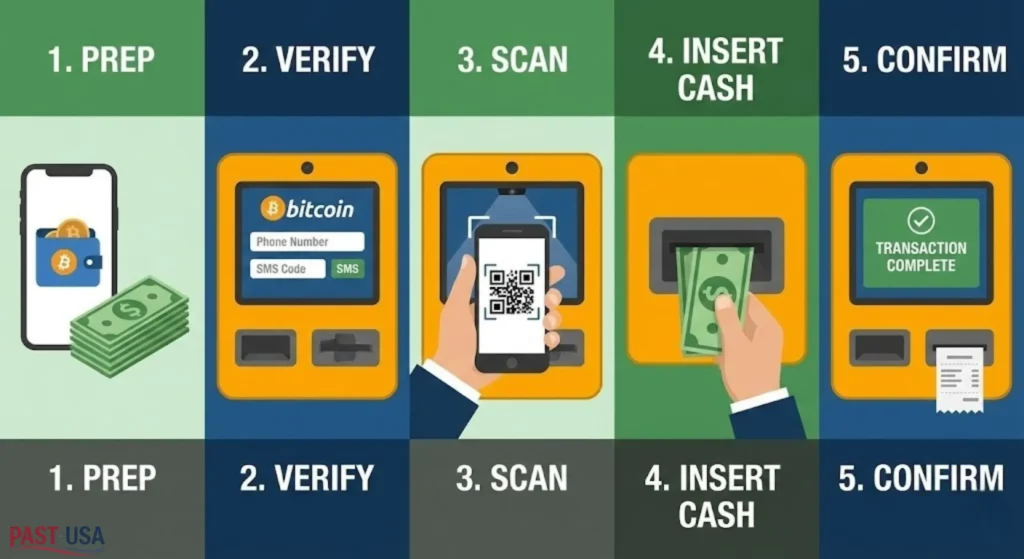 A Step-by-Step Guide Caption: A simple, five-step visual guide on how to buy cryptocurrency at a Bitcoin ATM.