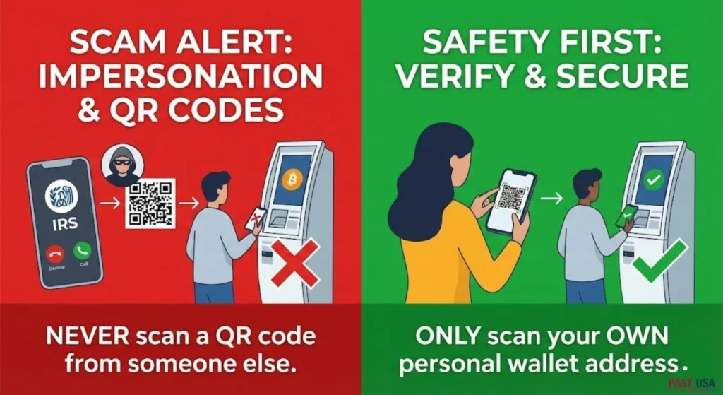 An infographic highlighting common Crypto ATM scams like impersonation and QR code fraud, and how to stay safe.