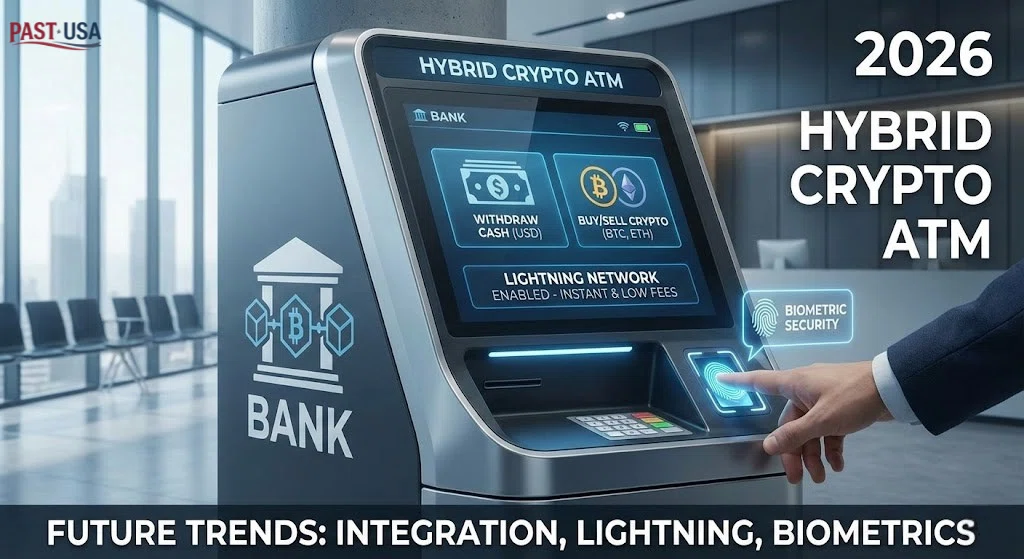 A futuristic look at a hybrid Crypto ATM in a bank lobby, showcasing upcoming features like biometric security and Lightning Network integration.