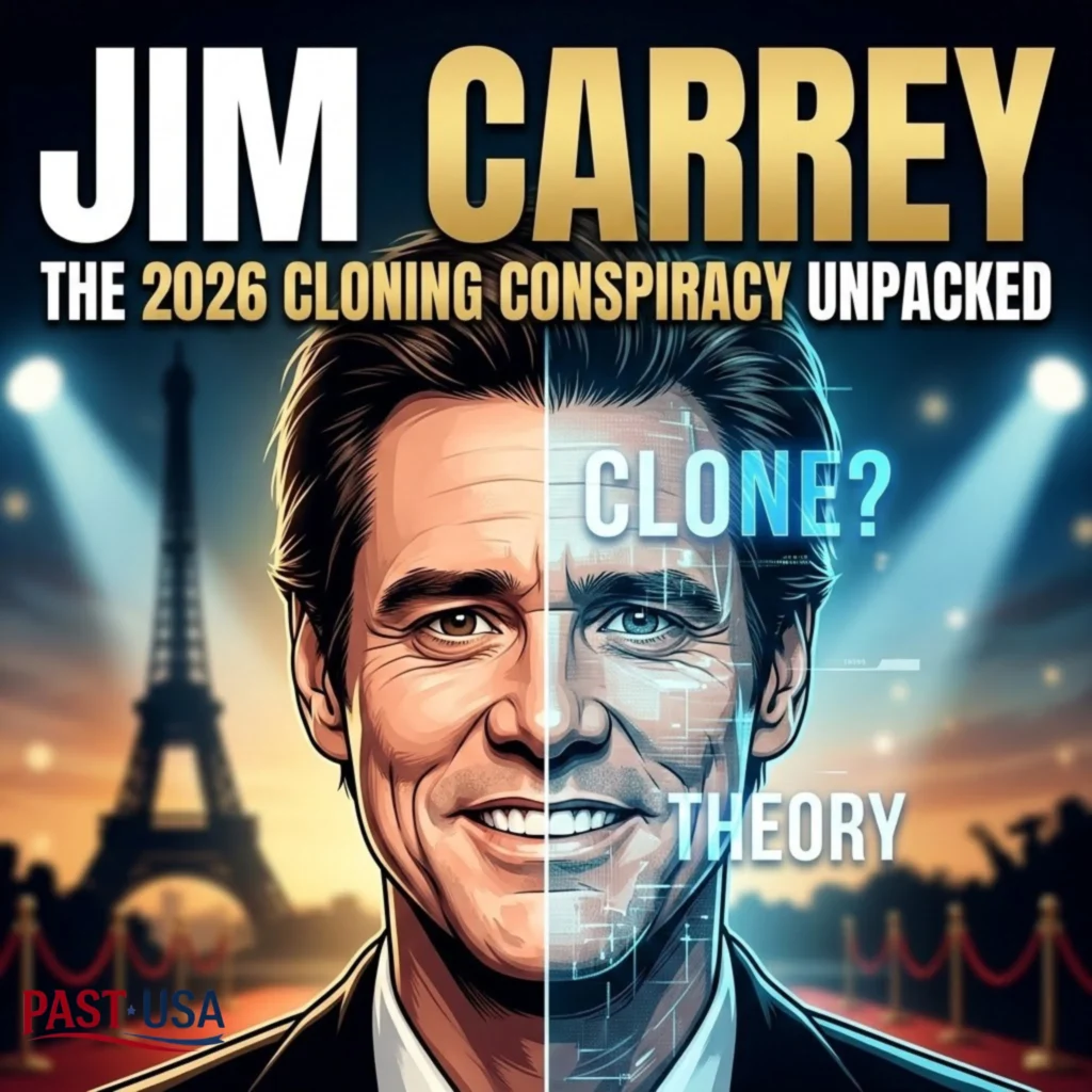 An illustrative graphic of Jim Carrey’s 2026 'César Awards' appearance—split between the real and a glitching, schematic copy